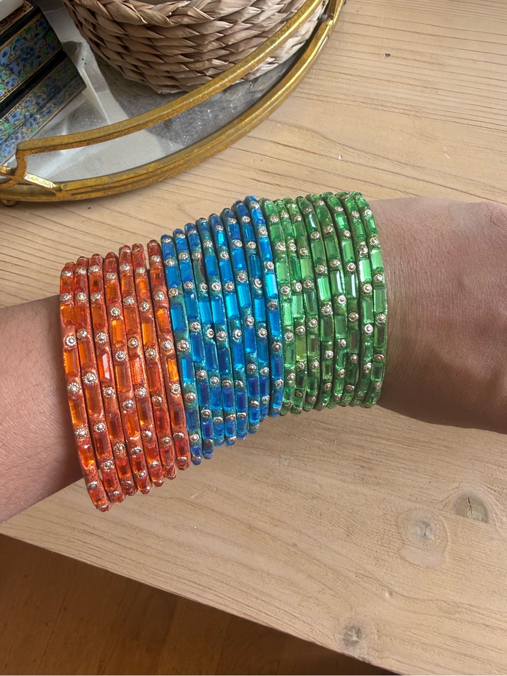 Colorful Crystal-Stud  Bangle Set – Orange, Blue & Green